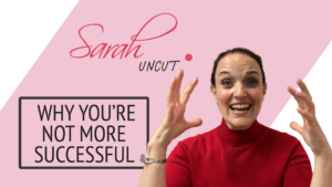 Picture of Sarah and the Sarah Uncut background for Sarah Uncut Episode 14 background with her arms up
