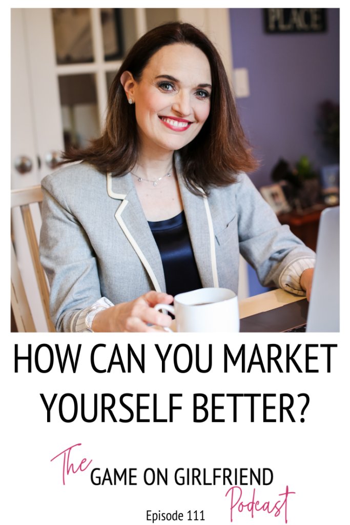 Women in Gray Blazer with cup of coffee. Test reads: How Can you Market Yourself Better?