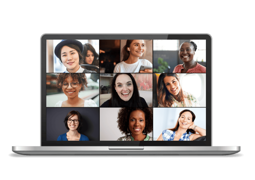 photo grid on a laptop of 9 diverse women
